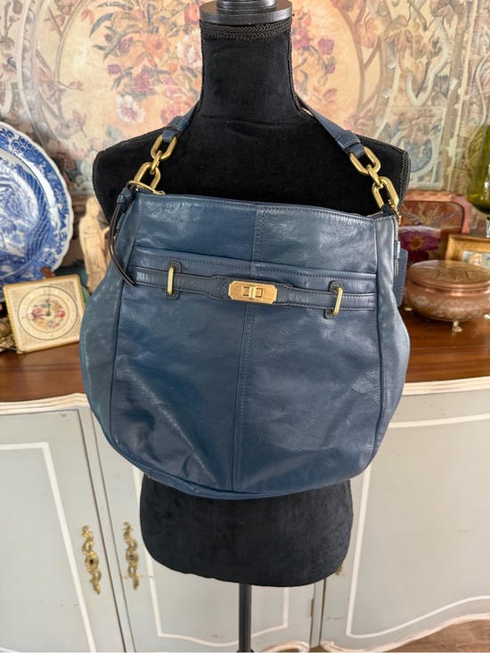 Coach Handbags - Coach Navy Leather Logo Patch with Light Blue Fabric